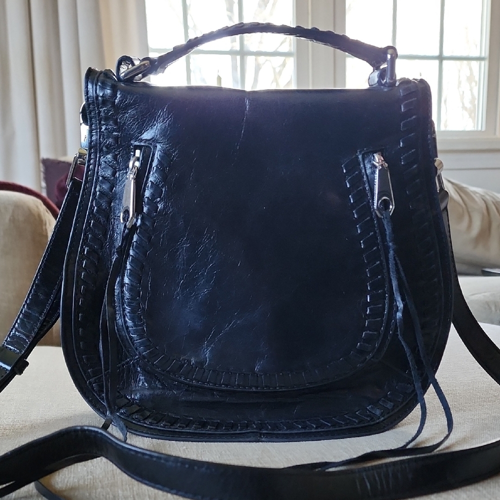 Rebecca Minkoff Black Leather Woven-Trim Crossbody Tote